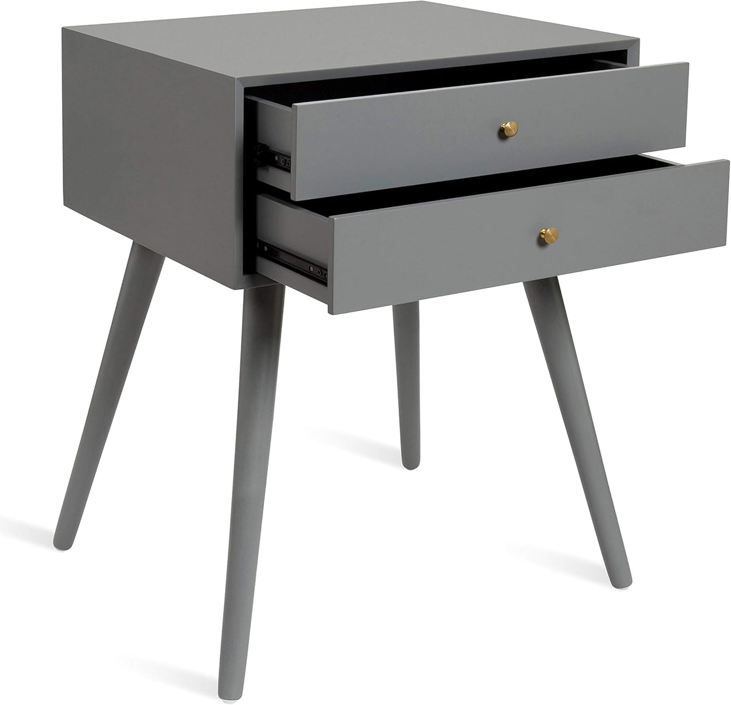 Kate and Laurel Finco Midcentury Modern Style Side Table with 2 Drawers, Gray Finish with Brass Hardware