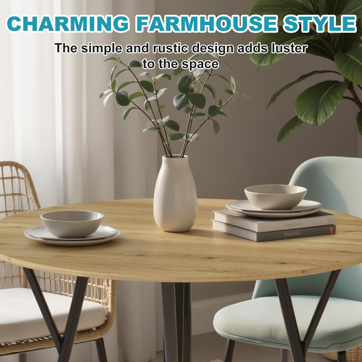 35" Round Dining Table for 4, Modern Small Circle Dinner Table Farmhouse Round Kitchen Tables with Metal Legs for Dining Room, Kitchen, Living Room, Light Brown & Black