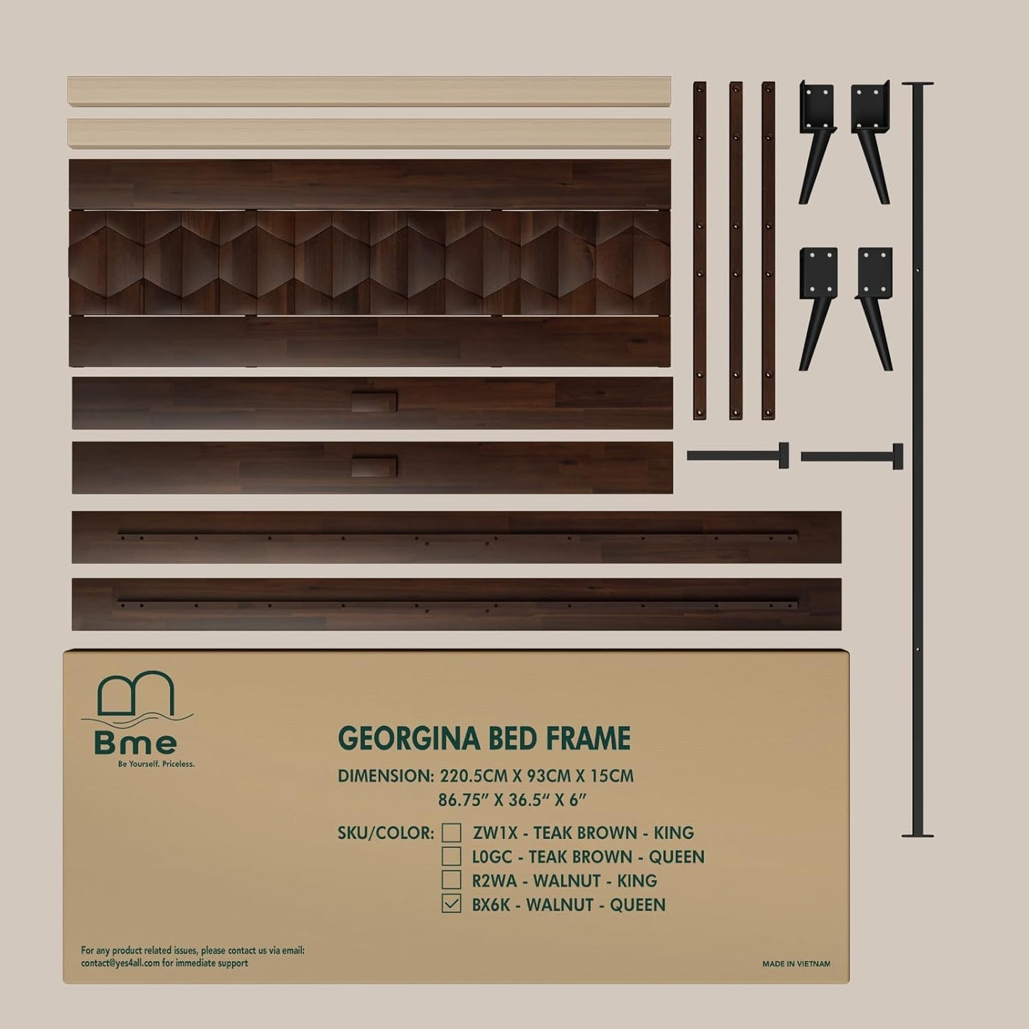 Bme Georgina Signature Bed Frame with Handcrafted Geometric Headboard, Mid Century Modern, Solid Acacia Wood, No Box Spring Needed, 12 Strong Wood Slats Support, Easy Assembly, Walnut, Queen