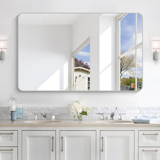 48x30 Inch Silver Bathroom Mirror, Metal Framed Silver Rectangle Mirrors, Rounded Rectangular Vanity Mirror, Wall Mounted Mirrors for Living Room Bedroom Entryway Hangs Horizontal or Vertical