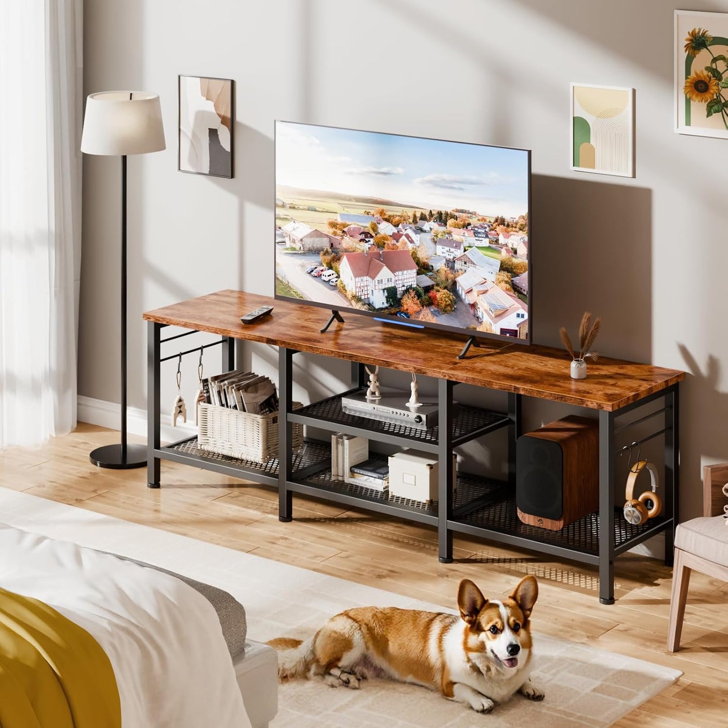 Furologee TV Stand for TVs up to 65 Inch, Entertainment Center with Open Storage Shelves, 55 Inch Television Stands with Soundbar Shelf for Living Room, Bedroom, Rustic Brown
