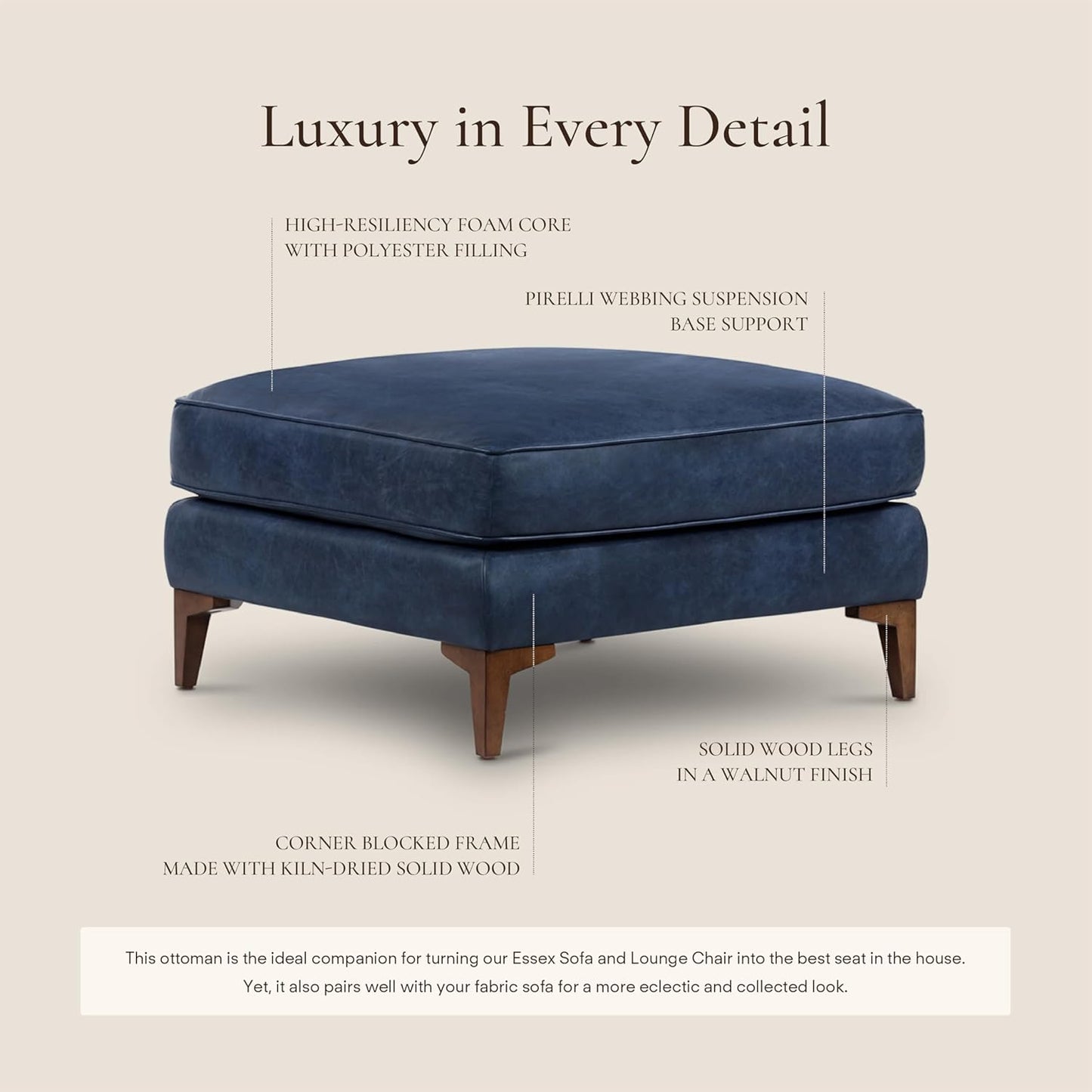 POLY & BARK Essex Ottoman - 35” Large with Feather-Down Topper - Full-Grain Leather Upholstered Ottoman - Couch for Living Room - Vintage Italian Leather in Midnight Blue