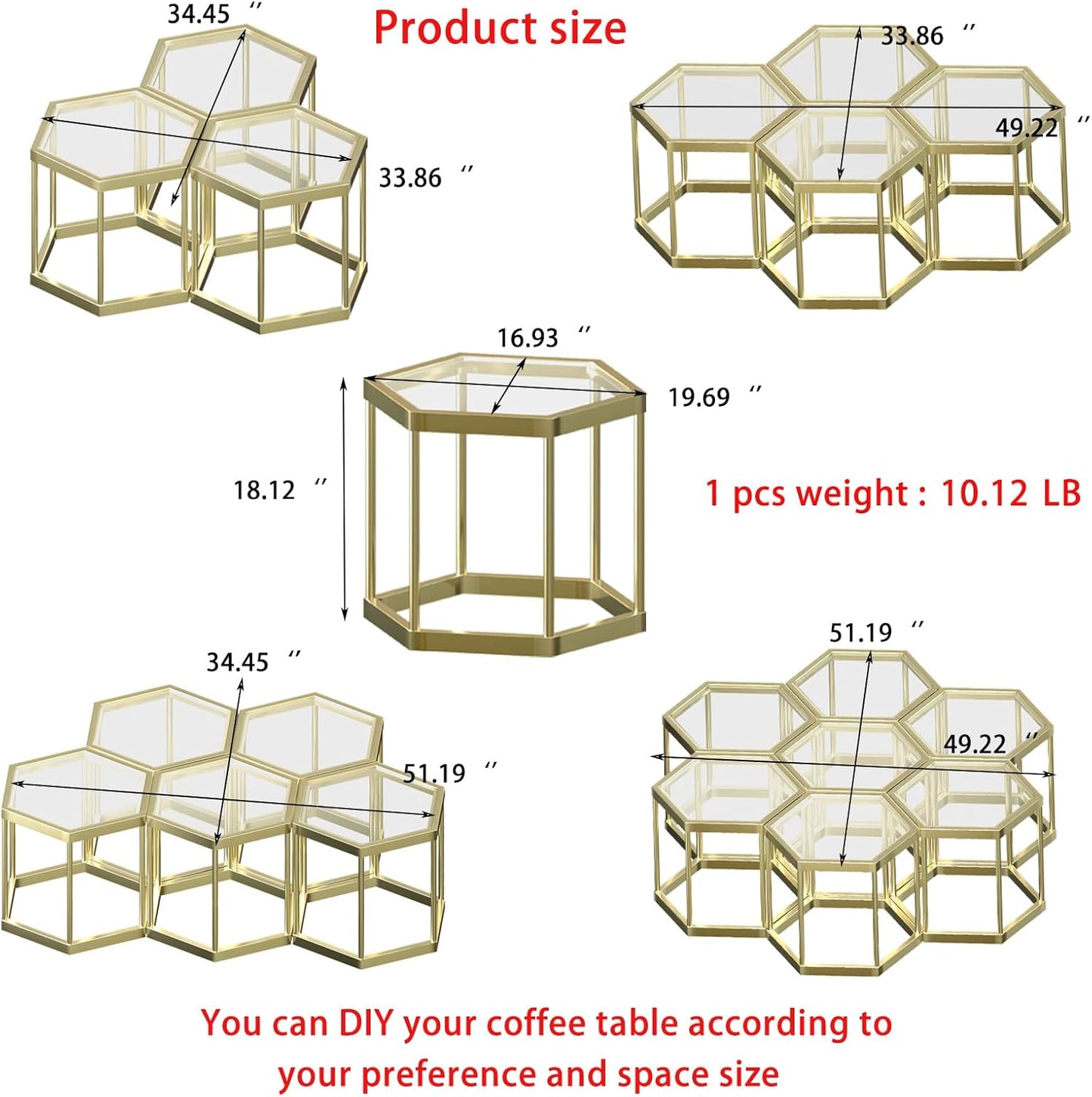 Gold Coffee Table Glass Modern Coffee Table, Hexagon Free Combination Glass Center Table Small End Tables with Metal Frame for Living Room Set of 1