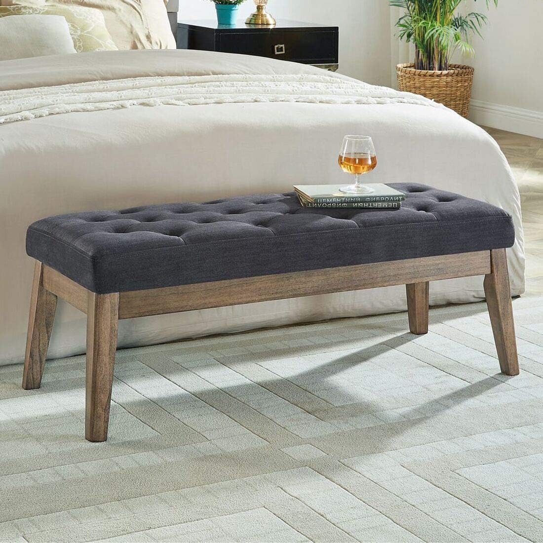 24KF Velvet Upholstered Buttons Tufted Entryway Bench with Solid Wood Leg,Bed Bench Ottoman with Padded Seat,5034-Midnight