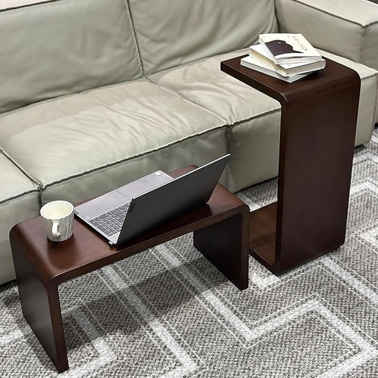C Shaped End Table, Solid Wood C Side Table for Couch Sofa and Bed, Sofa Tables That Slide Under for Space Saving, Small Snack C Tables for Living Room Bedroom (H 24.4″ - Brown, 2)