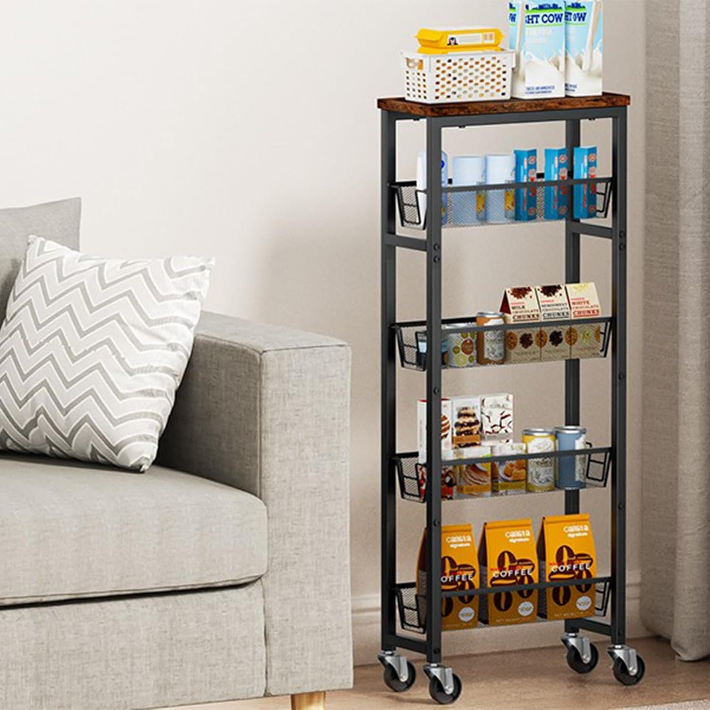 Honest Slim Storage Cart 5-Tier Slim Rolling Cart with Metal Frame and Wooden Top, 6.3 Inches, for Kitchen, Dining Room, Living Room, Bathroom, Home Office, Rustic Brown and Black