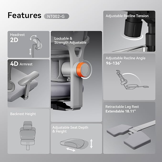 Newtral Office Chair Ergonomic - Home Office Desk Chair, Back Pain Chair with Auto-Following Lumbar Support, 4D Armrest, Seat Depth and Height Adjustable (Foot Rest + Laptop Tray, Gray)