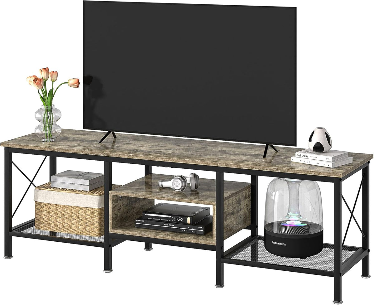 VECELO Industrial TV Stand for 70 Inch Television Cabinet 3-Tier Console with Open Storage Shelves, Entertainment Center Metal Frame for Living Room, Bedroom, 63 Inch, Light Grey