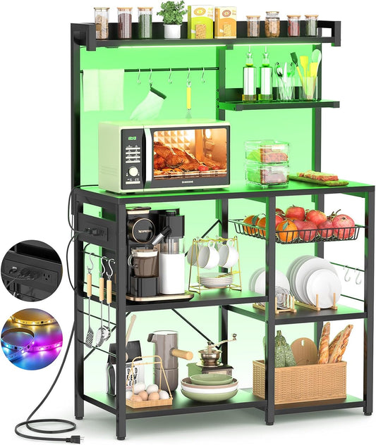 Aheaplus Bakers Rack with Power Outlet and LED Light Strings, Microwave Oven Stand Kitchen Storage Shelf with Wire Basket, Coffee Bar Station Island Table with 10 Hooks for Spices, Pots, Pans, Black