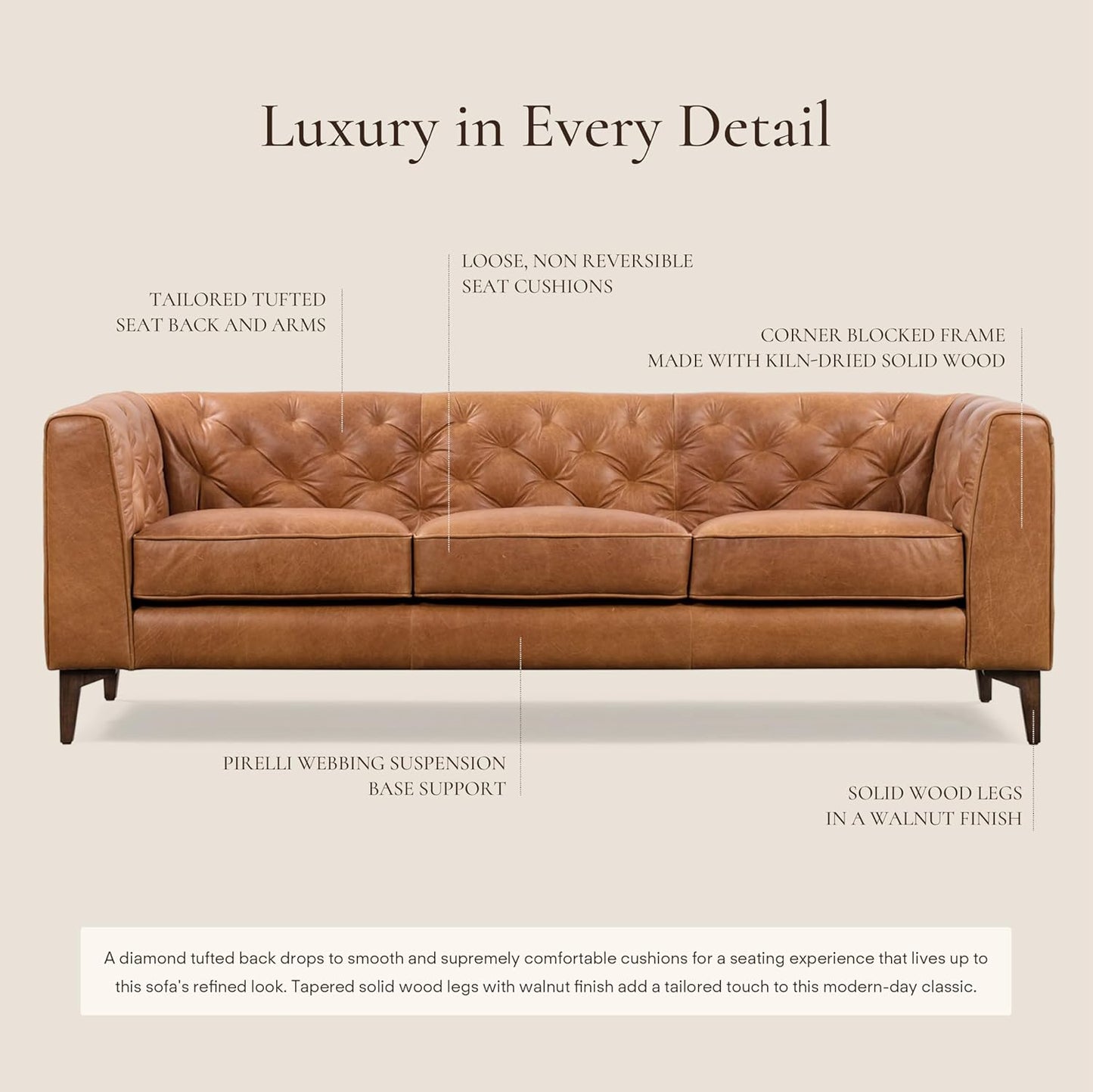 Poly & Bark Essex Leather Couch - 89-Inch Sofa with Tufted Back - Full-Grain Leather Sofa for Living Room with Feather-Down Topper - Living Room Couch - Vintage Italian Leather in Cognac Tan