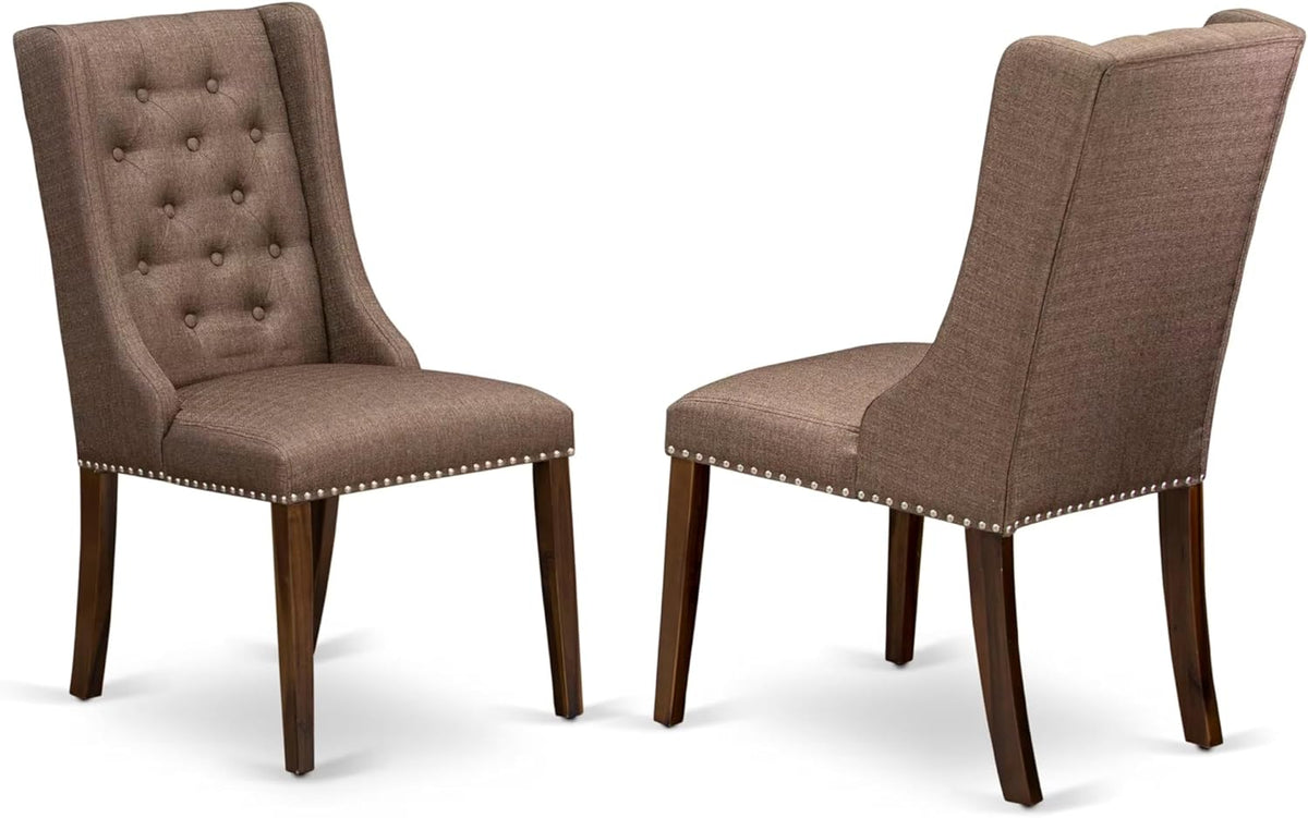 F7FO7-50N-18 - 7-Piece Dining Room Set Contains A Kitchen Table and 6 Brown Polyester Fabric Parsons Chairs with Button Tufted Back, Antique Walnut