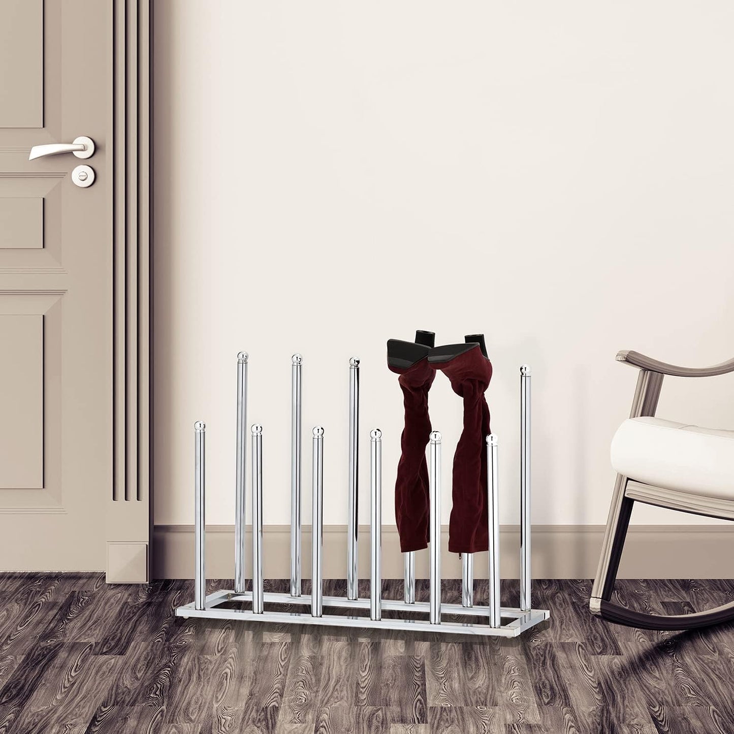 MyGift Modern Chrome Plated Metal 6 Pair Tall Boot Rack Display Holder, Freestanding Entryway or Closet Shoes and Boot Stand Organizer, Made in Taiwan