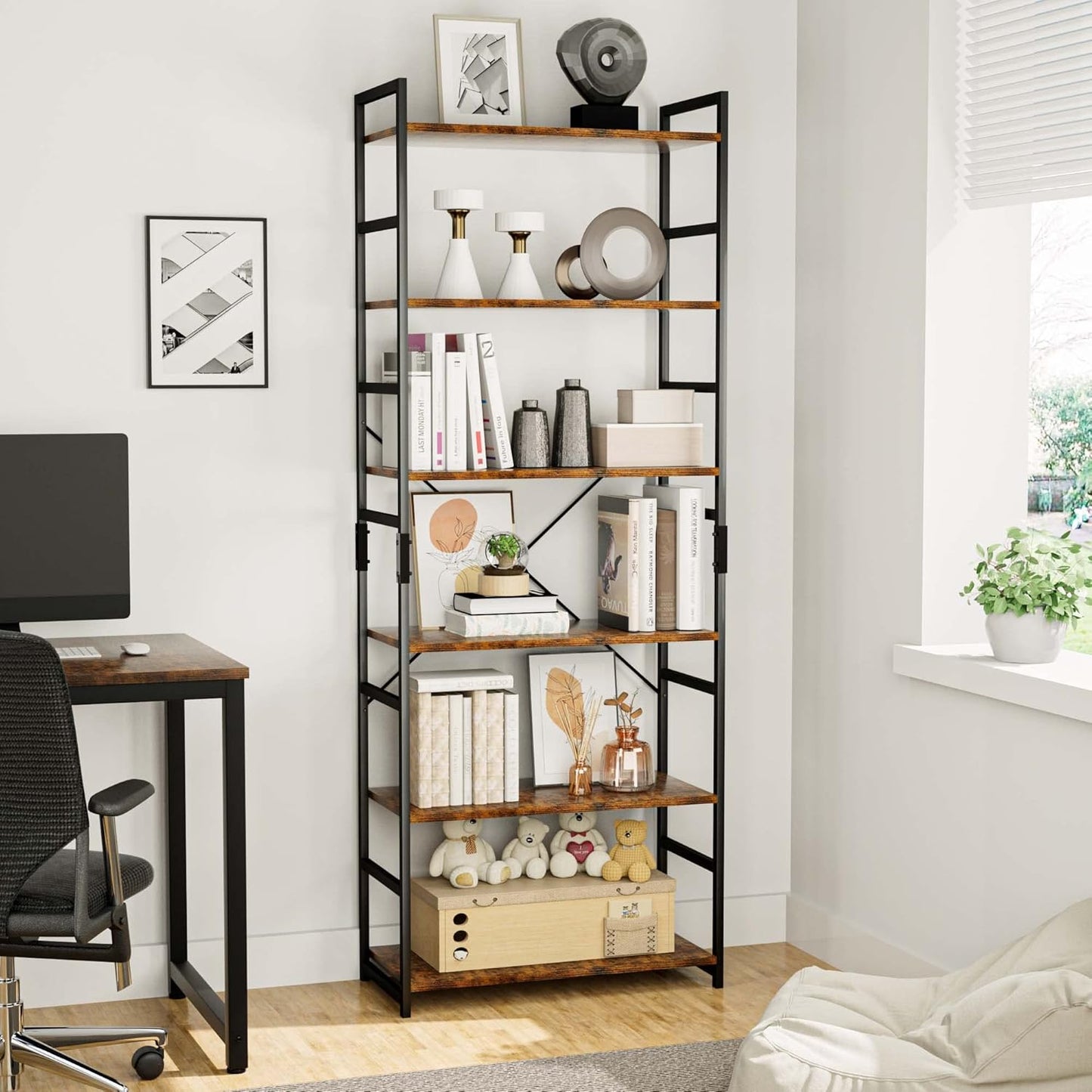 OTK 6 Tier Adjustable Bookshelf, Tall Bookcase, Office Shelf Storage Organizer, Modern Book Shelf for Living Room, Bedroom, and Home Office, Vintage