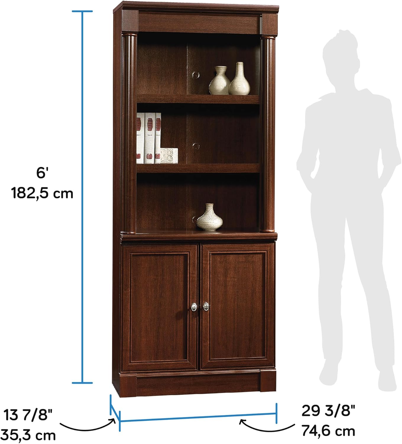 Sauder Palladia Book Shelf, Bookshelf with Storage, Library Bookcase with Doors and Adjustable Shelves, L: 29.37" x W: 13.90" x H: 71.85", Select Cherry