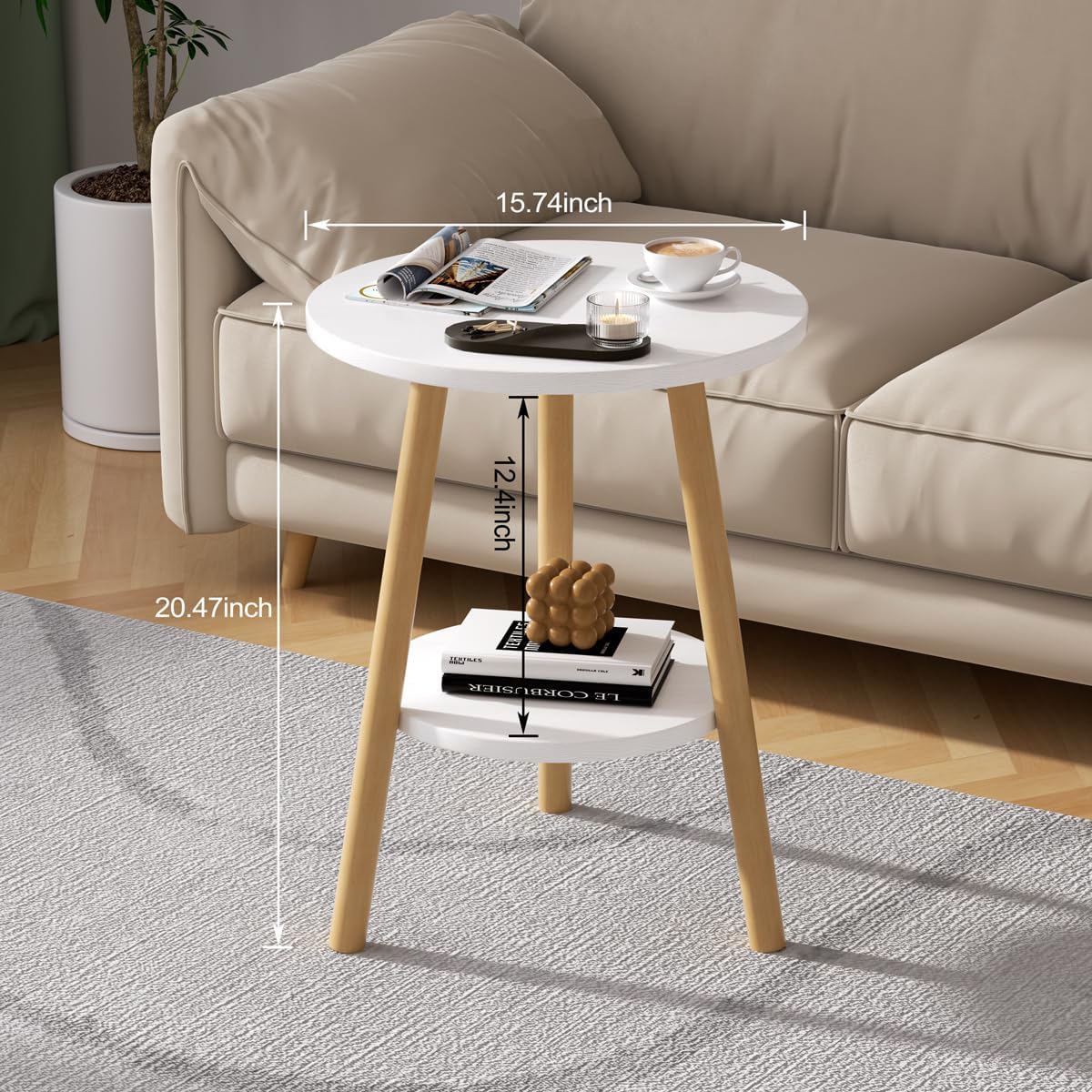 OERGKE Round End Table, Small Side Tables with Lower Shelf, Coffee Table, Bedside Table, Mid Century Modern Nightstand for Living Room, Bedroom, Corners and Office (White)