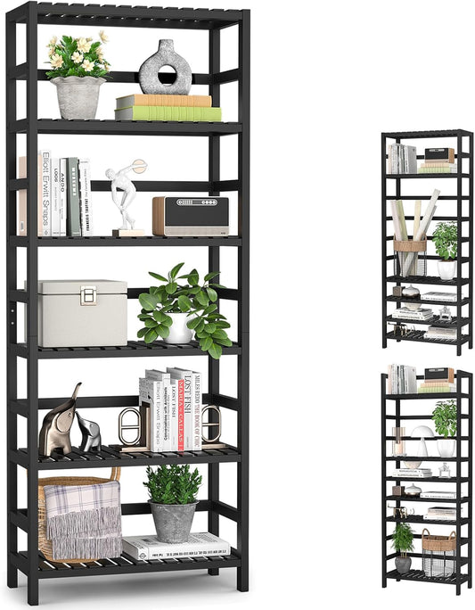 Homykic 6-Tier Bamboo Bookshelves and Bookcases, Adjustable 63.4”Tall Shallow Book Shelf Organizer Rack, Freestanding Storage Shelving Unit for Living Room, Kitchen, Bathroom, Office, Black