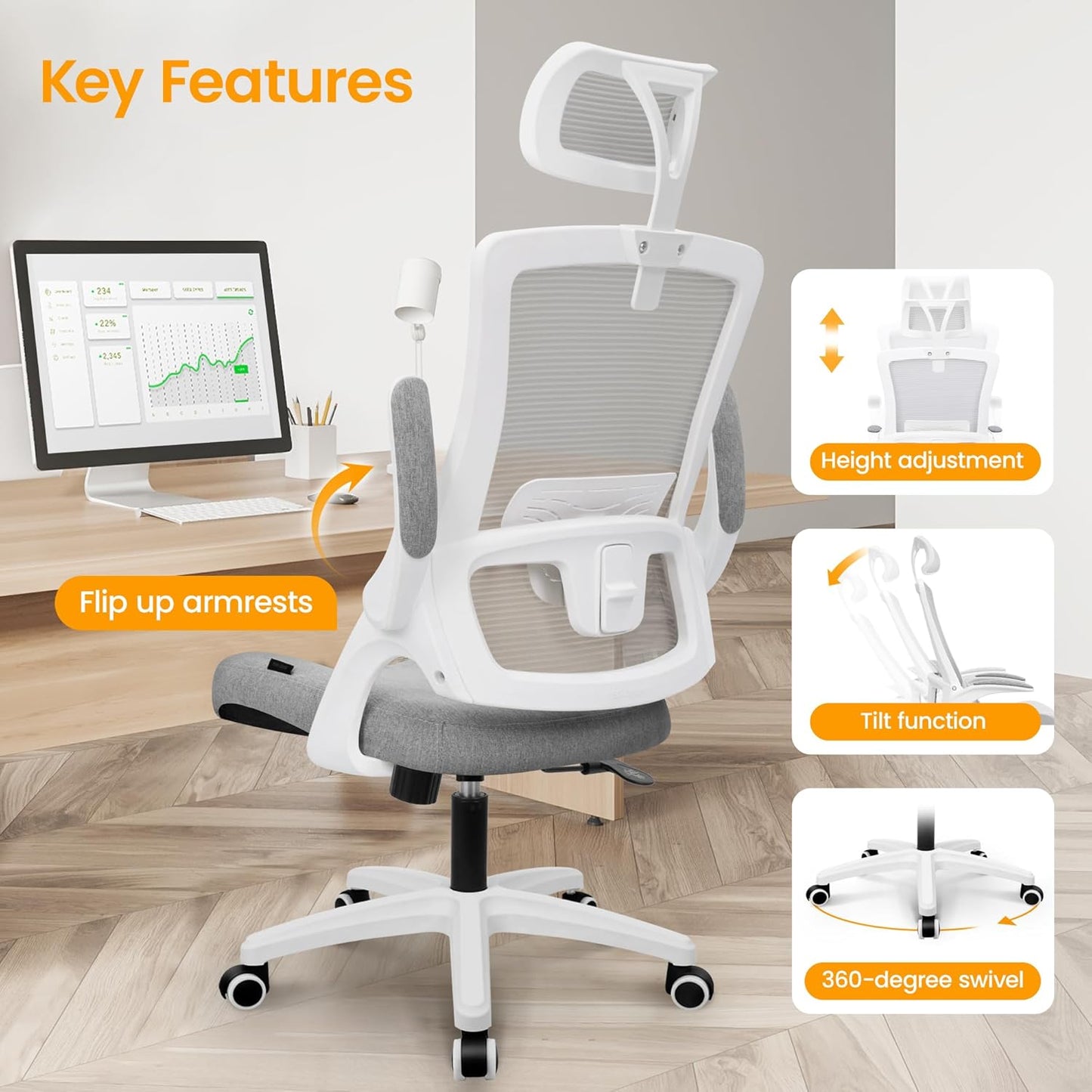 NEO CHAIR Ergonomic Office Desk Chair High Back Computer Gaming Mesh Chair with Comfy Task Adjustable Arms Lumbar Support Headrest Swivel for Home Office (Grey)