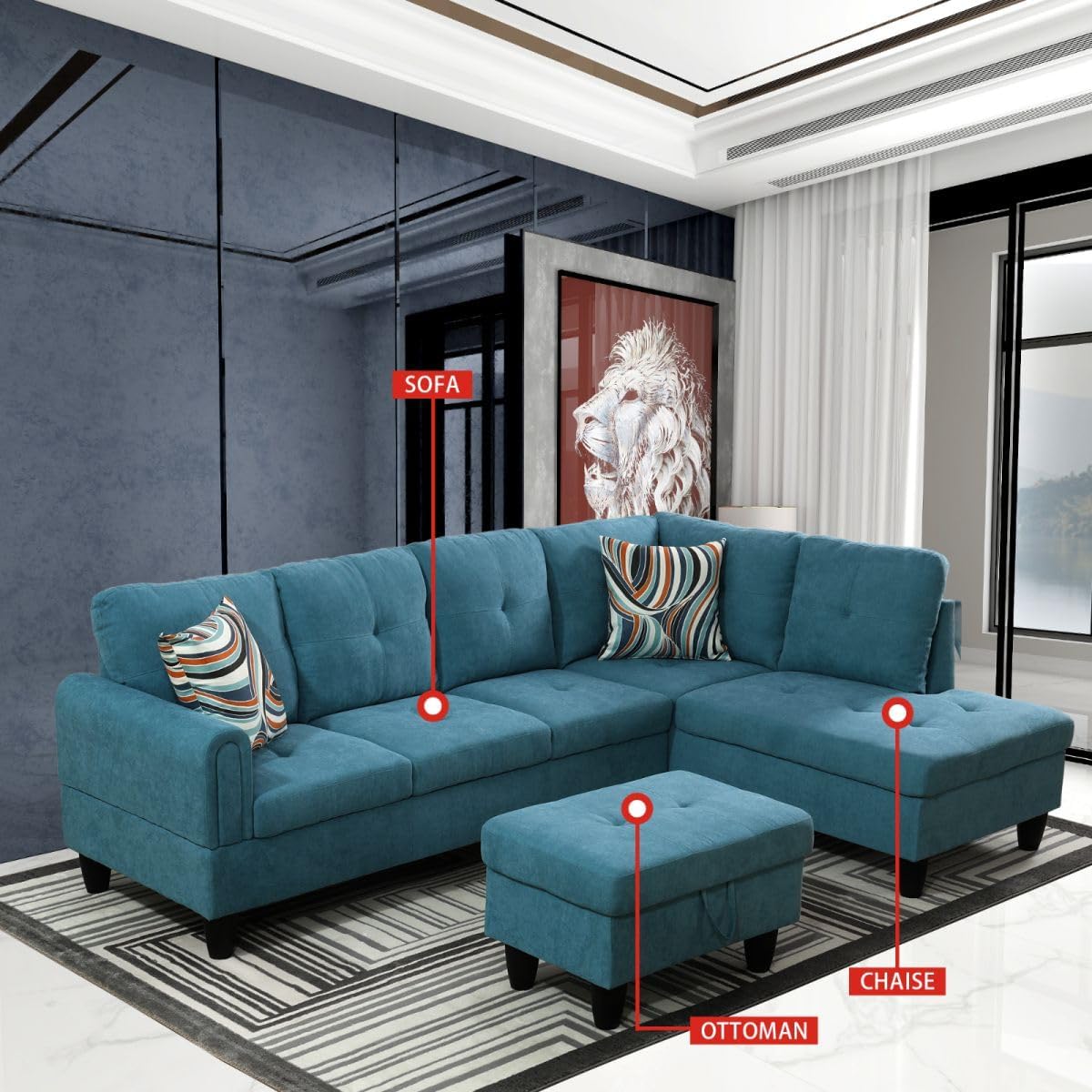 Green L-Shaped 3-Piece Flannel Sofa with Storage Ottoman Set, Sectional Couch Sofa Set for Living Room, Office, Small Space