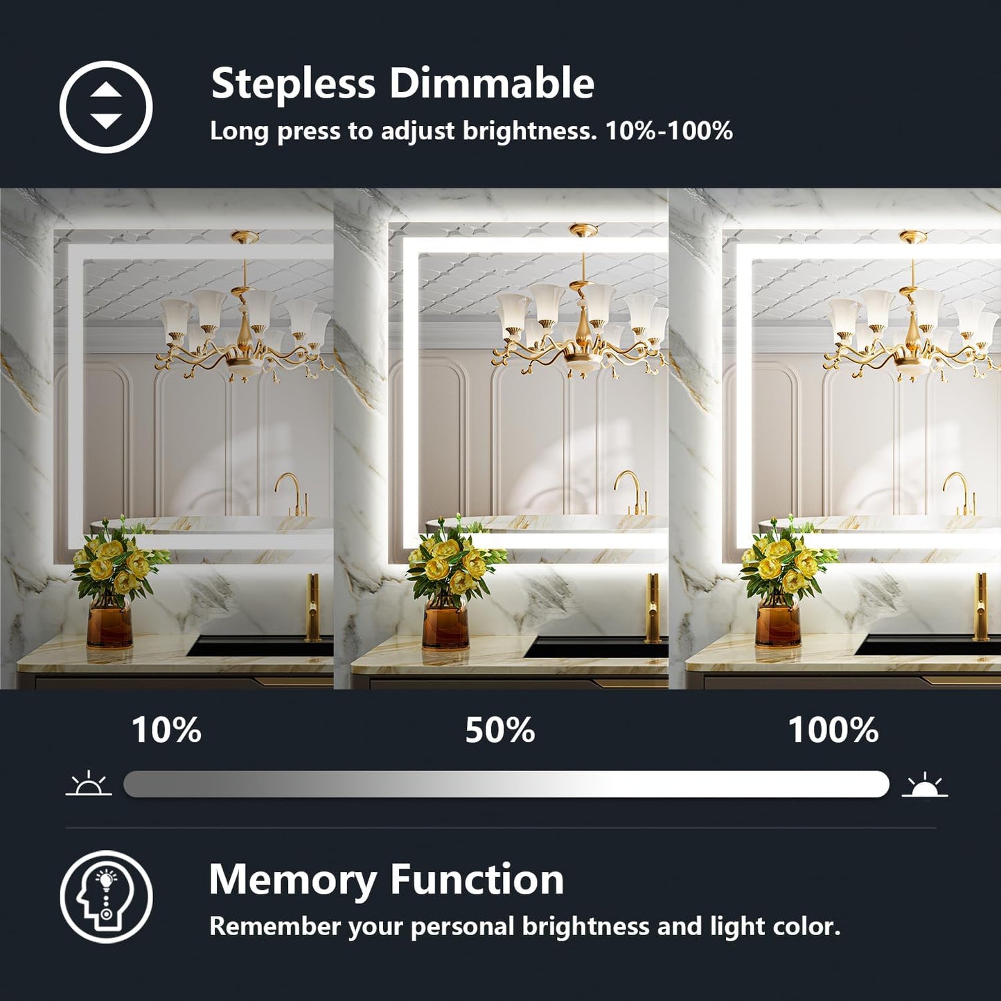 48x30 Inch LED Bathroom Mirror with Lights Front and Backlit Lighted Vanity Mirror for Bathroom Wall with 3 Colors Dimmable Anti-Fog Memory Shatter-Proof IP54 Waterproof Horizontal/Vertical