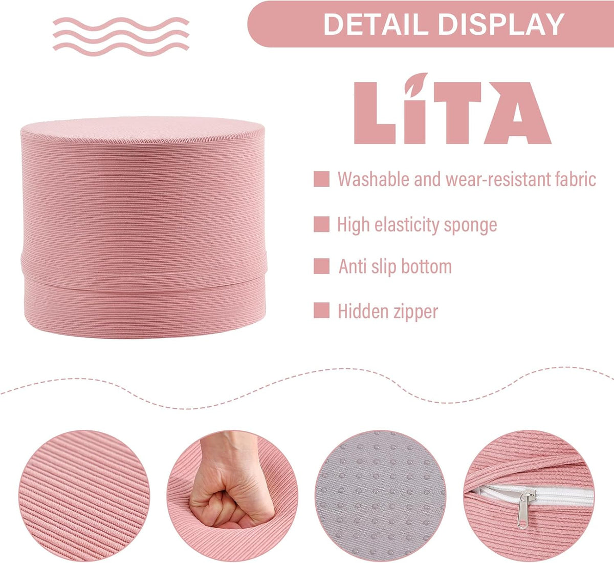 LITA Round Stuffed Pouf Ottoman, Corduroy Poufs with High-Density Foam Filling and Washable Cover, Furry and Fluffy Bean Bag Foot Stools Ottoman for Living Room, Bedroom, Office, Pink