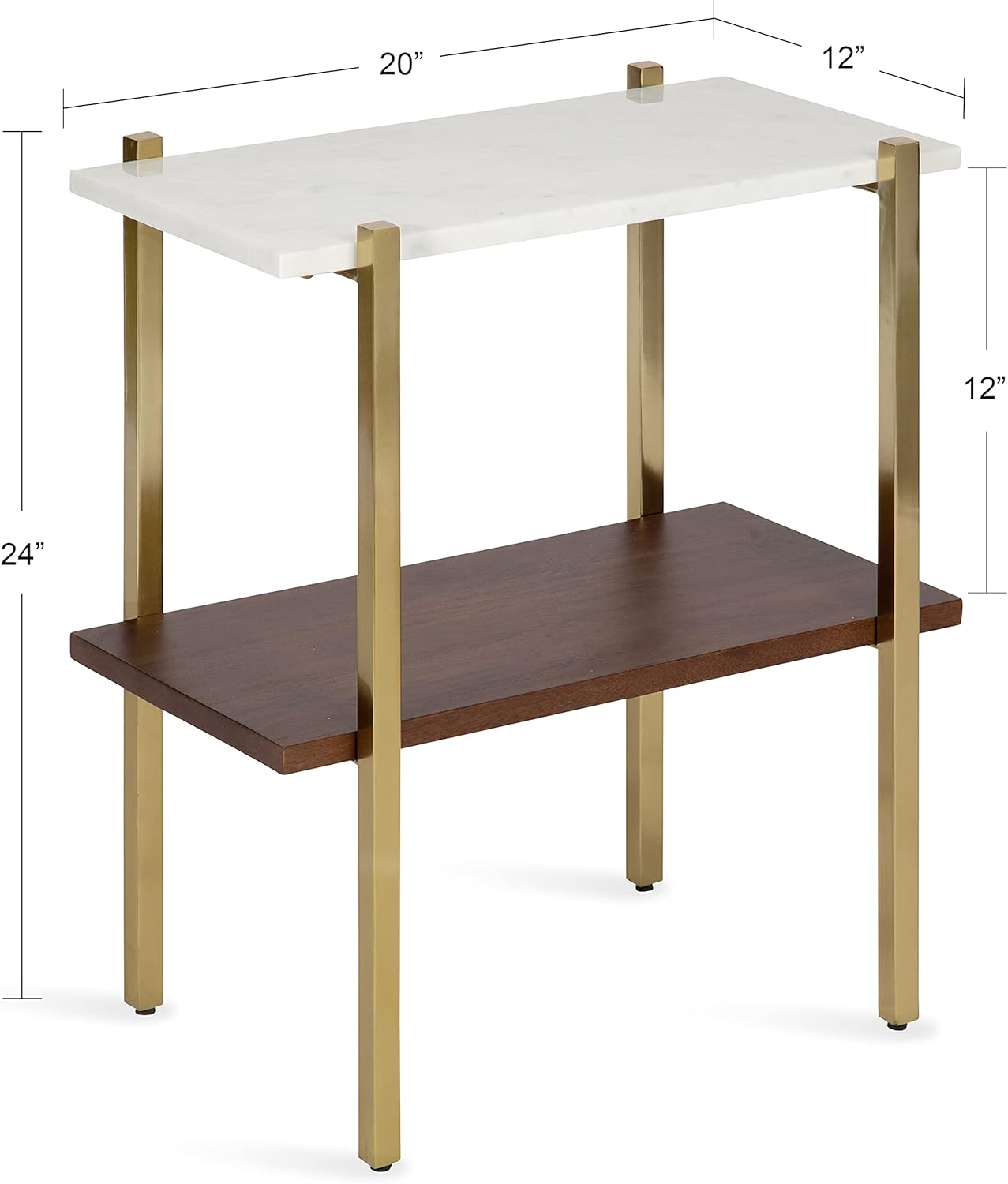 Kate and Laurel Abcott Midcentury Side Table, 20 x 12 x 24, Walnut Brown and Gold, Decorative Two-Tier Bedroom Nightstand Table with Genuine Marble Tabletop