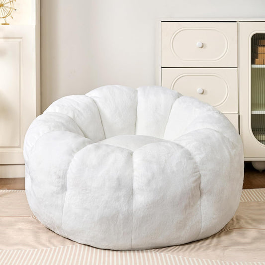Bean Bag Chairs for Adults, Faux Fur Reading Chair with Petal Arm Rest Fluffy Comfy Chair for Bedroom, Living Room, Dorm, Game - White, Large, Low Support