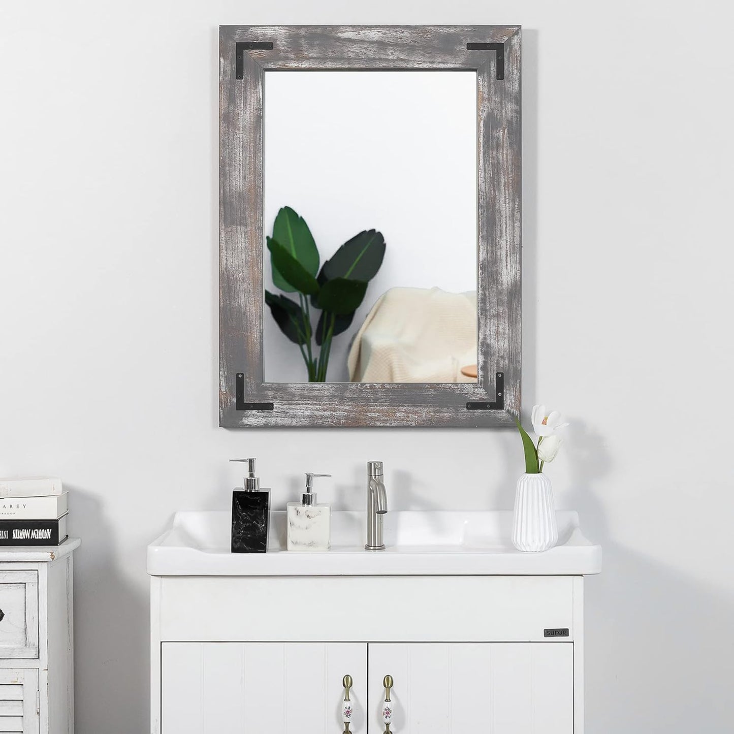 YOSHOOT Rustic Wooden Framed Wall Mirror, 30"x20", Natural Wood Bathroom Vanity Mirror for Farmhouse Decor, Vertical or Horizontal Hanging