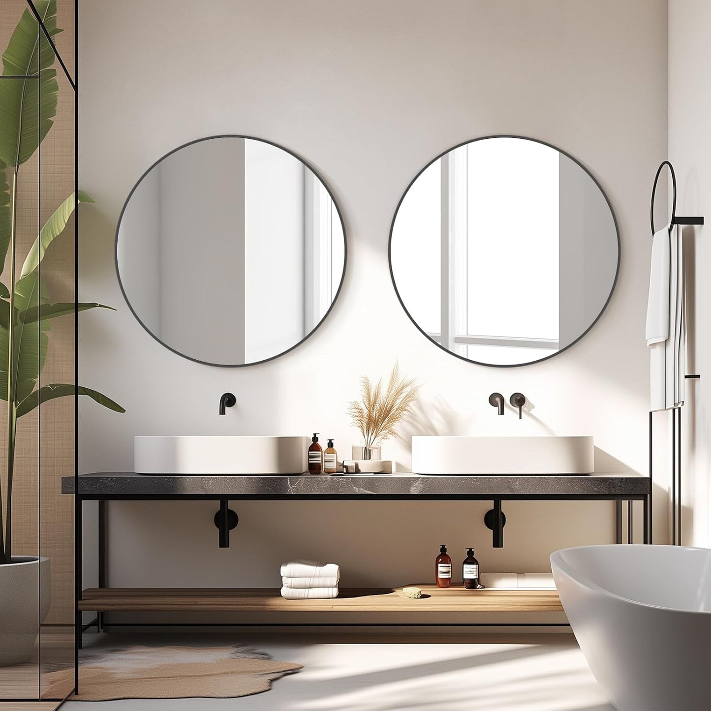 HOMECOOKIN Round Wall Mirror 28" Black Circle Mirror for Bathroom with Metal Framed, Round Gold Mirror for Wall Decor, Vanity, Entryway Living Room