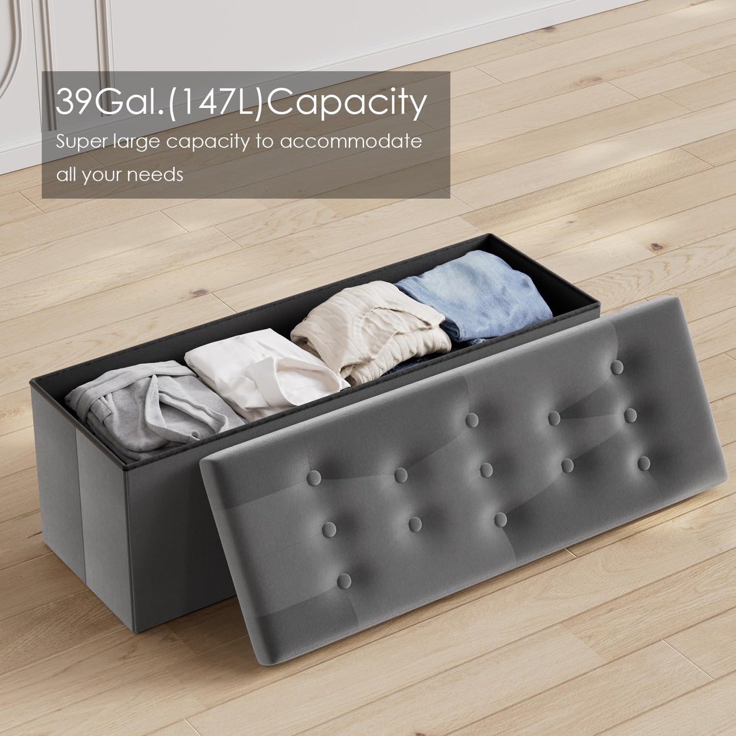 PRANDOM Jumbo Ottoman with Storage [1-Pack] Velvet Folding Small Square Foot Stool with Lid for Living Room Bedroom Coffee Table Dorm Dark Grey 43x15x15 inches