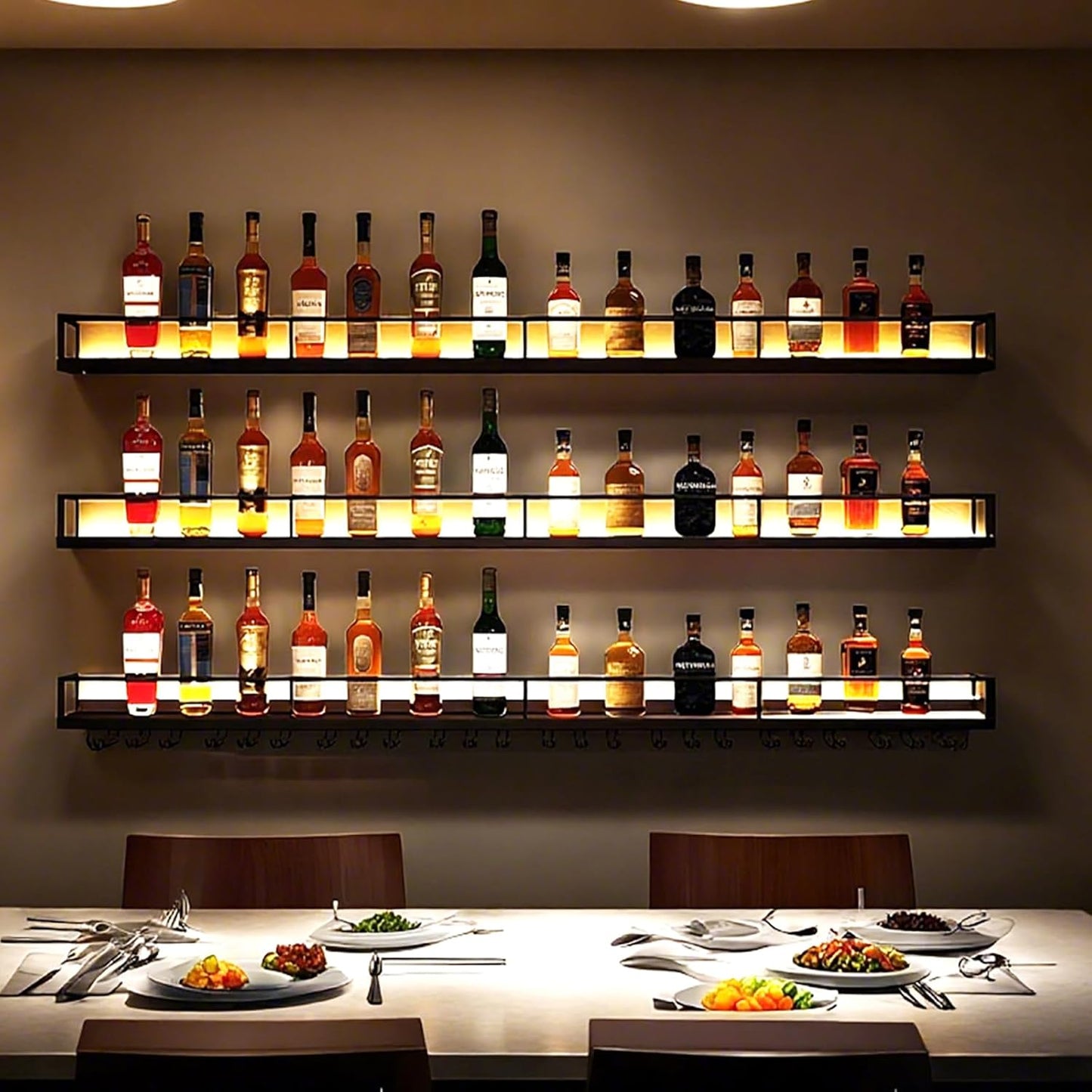 78.7in Wall-Mounted Metal Wine Rack with LED Lights 3-Tier Floating Bar Shelves with Wine Glass Rack Large Wine Bottle Display Rack Hanging Shelf, for Home Bar Decorative (Black, 200cm/78.7in)