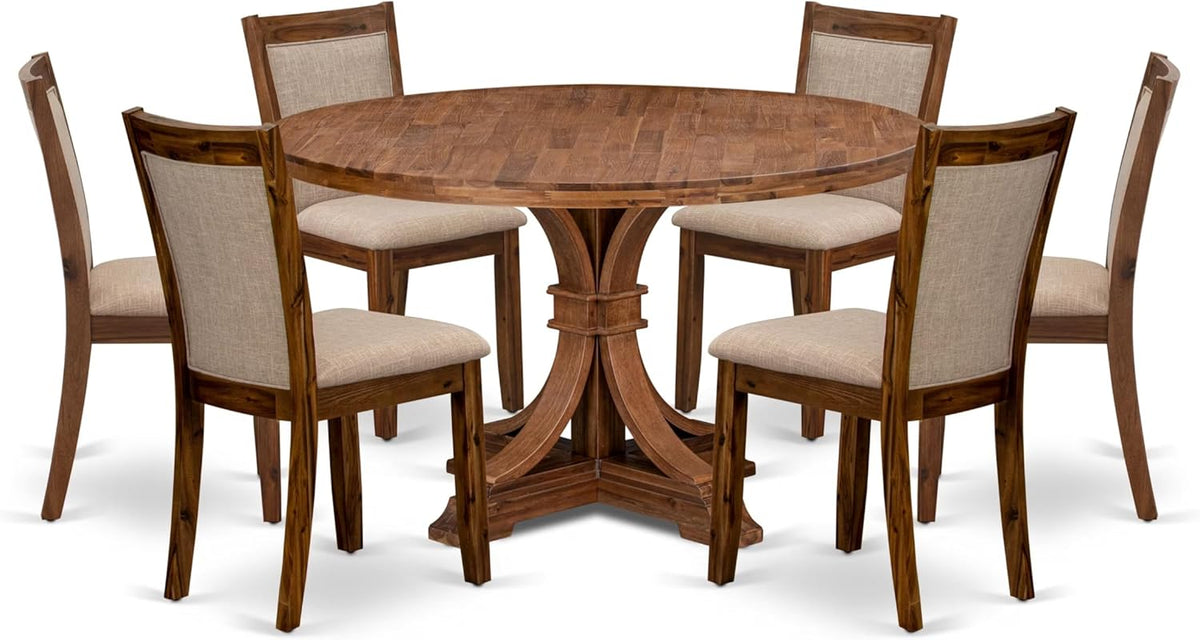I7MZ7-50N-04 7-Pc Dining Set consists of a Pedestal Dining Table and 6 Light Tan Polyester Fabric Dining Chairs with Padded Back - Antique Walnut Finish