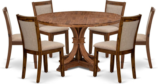I7MZ7-50N-04 7-Pc Dining Set consists of a Pedestal Dining Table and 6 Light Tan Polyester Fabric Dining Chairs with Padded Back - Antique Walnut Finish
