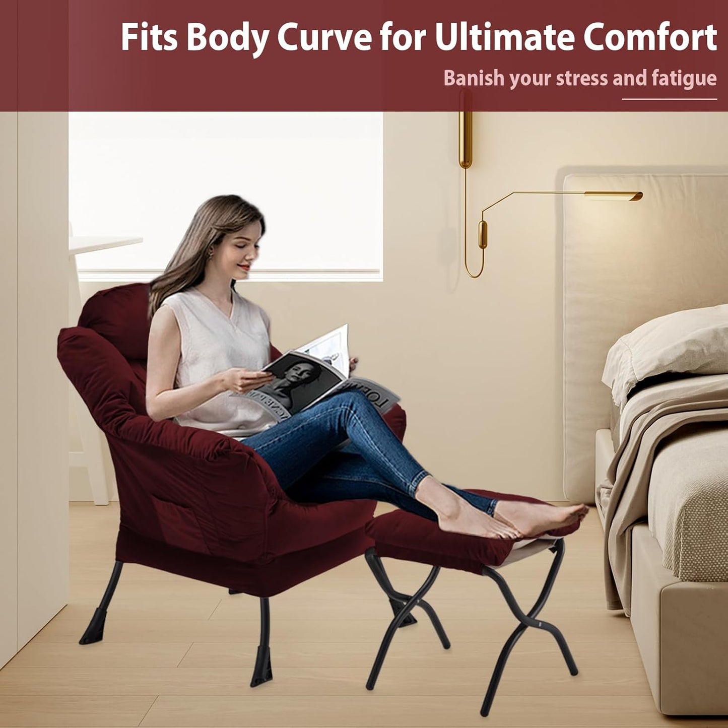 Lazy Chair with Folding Ottoman, Accent Chair Velvet Upholstered with Metal Structure and Non-Slip Pads, Sofa Armchair with Footrest and Side Storage Bag for Dorm, Room, Office, Burgundy