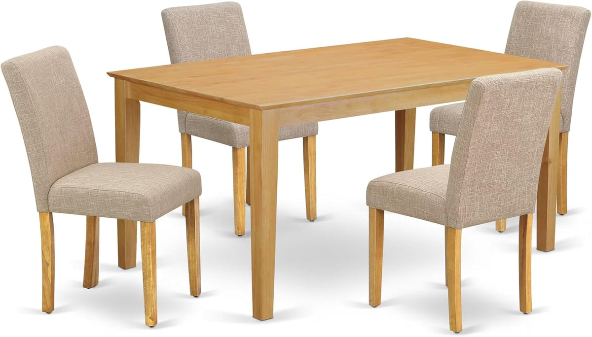 East West Furniture CAAB5-OAK-04 5 Piece Dining Table Set for 4 Includes a Rectangle Kitchen Table and 4 Light Tan Linen Fabric Parson Dining Chairs, 36x60 Inch, Oak
