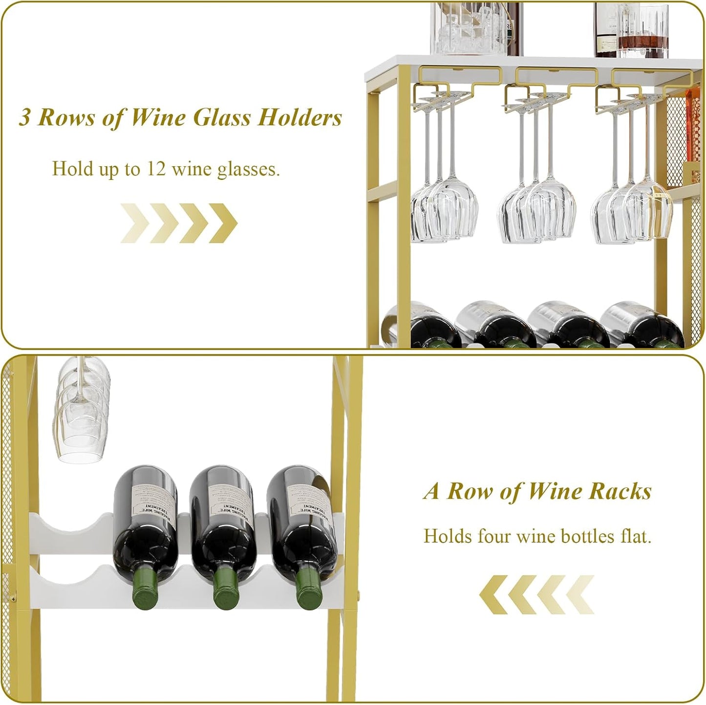 Gold Liquor Stand with Glass Holder, Multifunctional Wine Rack Freestanding Floor with Fences, Mini Bar Table for Liquor Whiskey Wine, 3-Tier Trapezoidal Liquor Cabinet for Home Bar (Patent Pending)