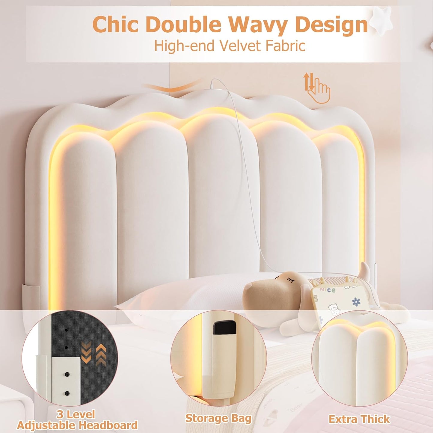 Twin Upholstered LED Bed Frame with Storage Drawer and Adjustable Chic Double Wavy Headboard, Velvet Princess Platform Bed for Kids/Girls, Solid Wood Slats Support, No Box Spring Needed, Beige
