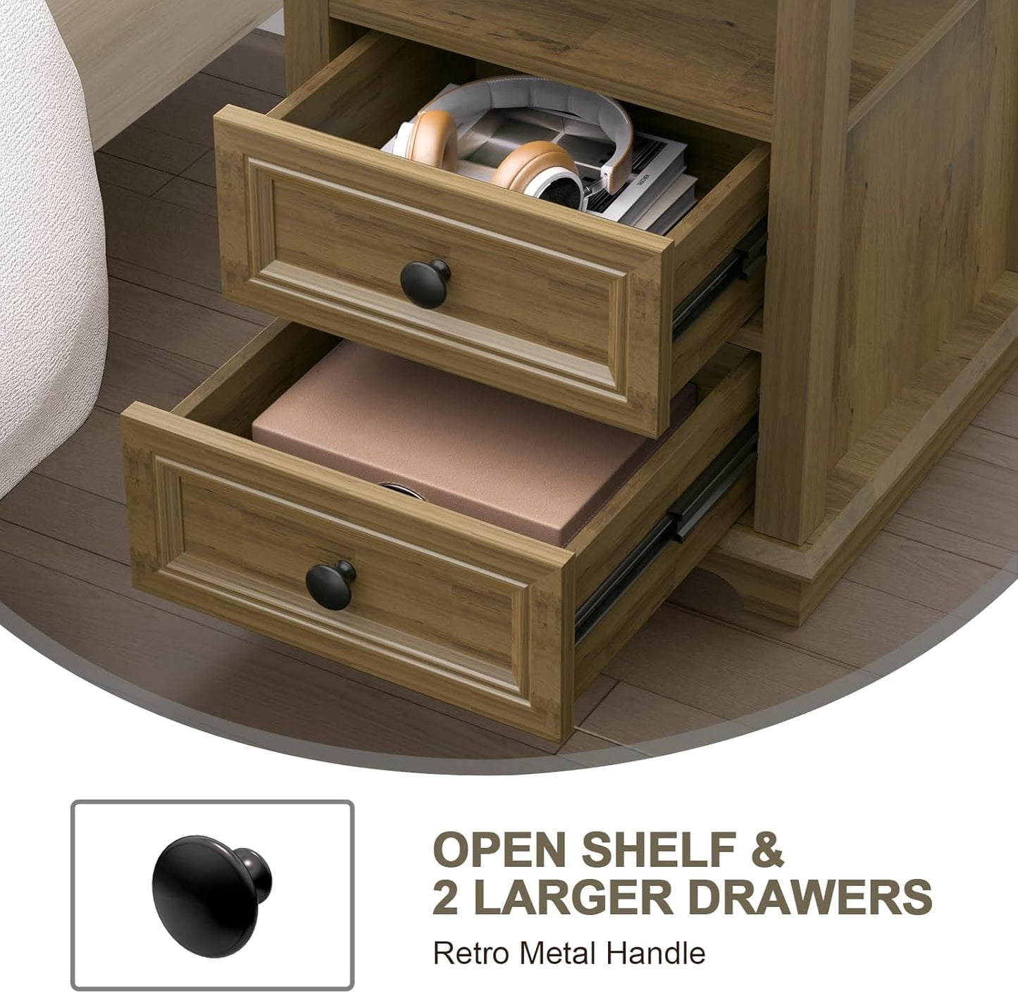18" Wide End Table with Charging Station Set of 2, Fast Charge End Table Set of 2, Large 18” Bedside Table with Drawers, Storage Cabinet with Open Shelf for Bedroom, Natural