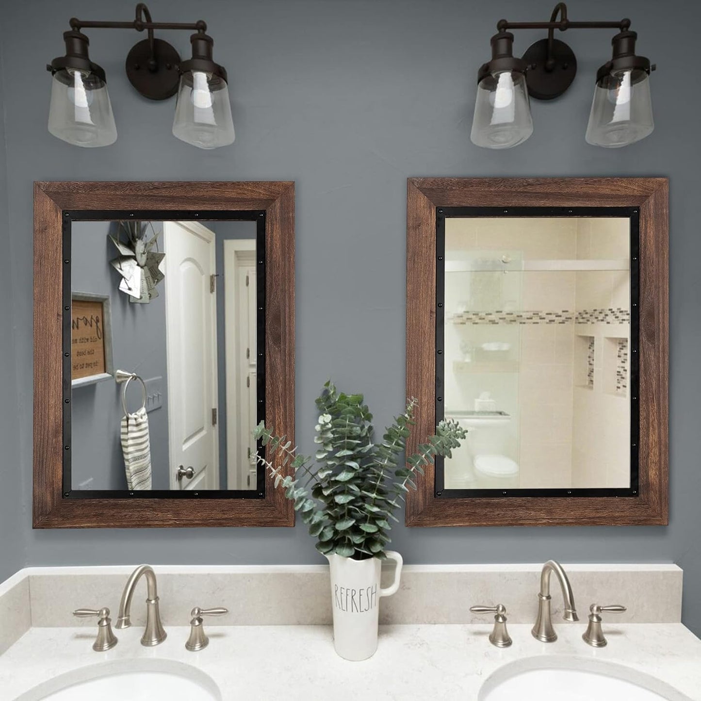YOSHOOT Rustic Wooden Framed Wall Mirror, Natural Wood and Iron Bathroom Vanity Mirror for Farmhouse Decor, Vertical or Horizontal Hanging, 60" x 36", Brown