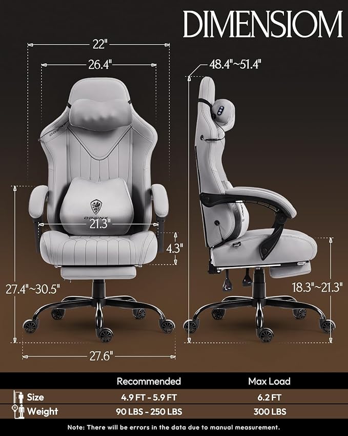 Dowinx Gaming Video Gaming Chair with Shiatsu Neck Massage and Lumbar Support for Home Office High Back Recliner Height Adjustable Ergonomic Comfy Leather Computer Desk Chair (Grey)