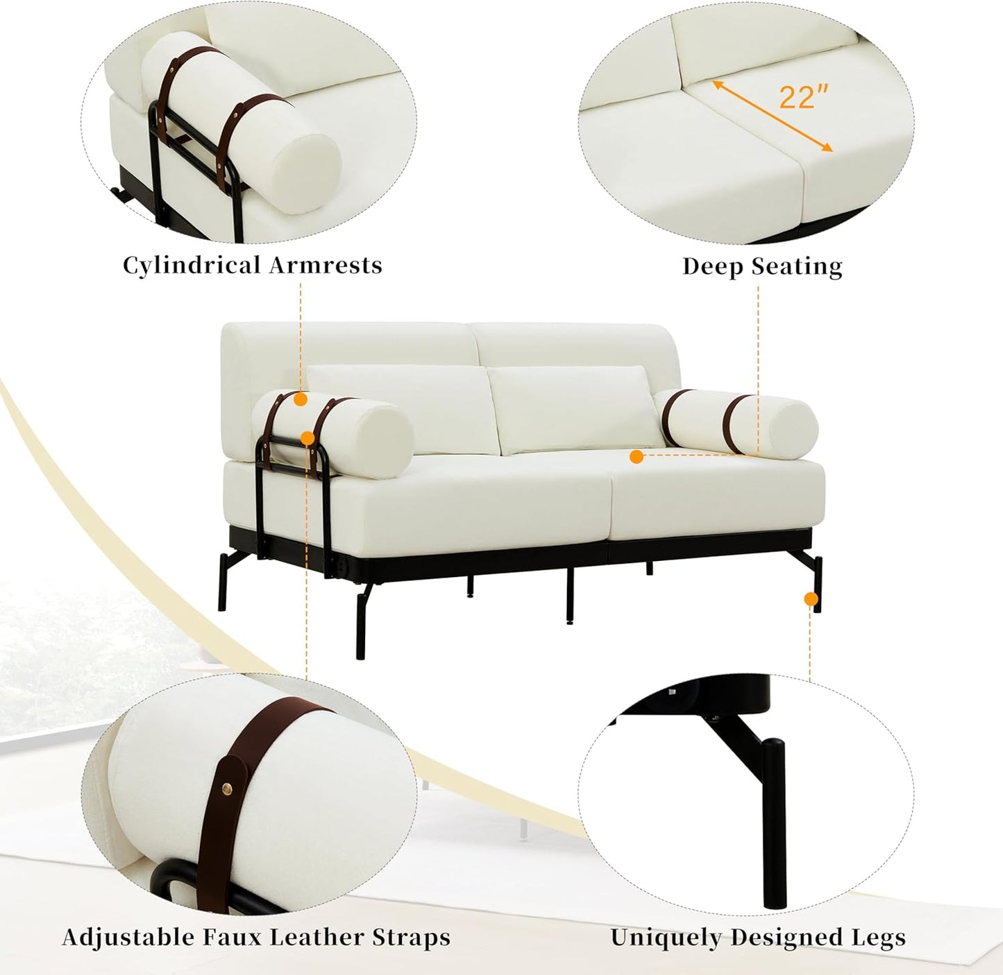 Modern Loveseat Sofa 59" Sofa Couch 2-Seater Sofa with Flexible USB Ports, Unique Cylindrical Armrests for Living Room, Beige