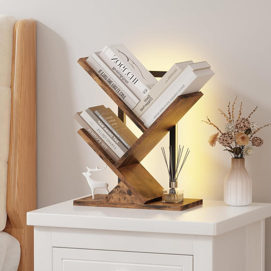 Tree Bookshelf with LED Lights, 3 Tier Floor Standing Bookcase, Classical Corner Shelf Kids Bookshelf, Tall Wood Book Storage for Bedroom, Living Room, Home Office, Brown