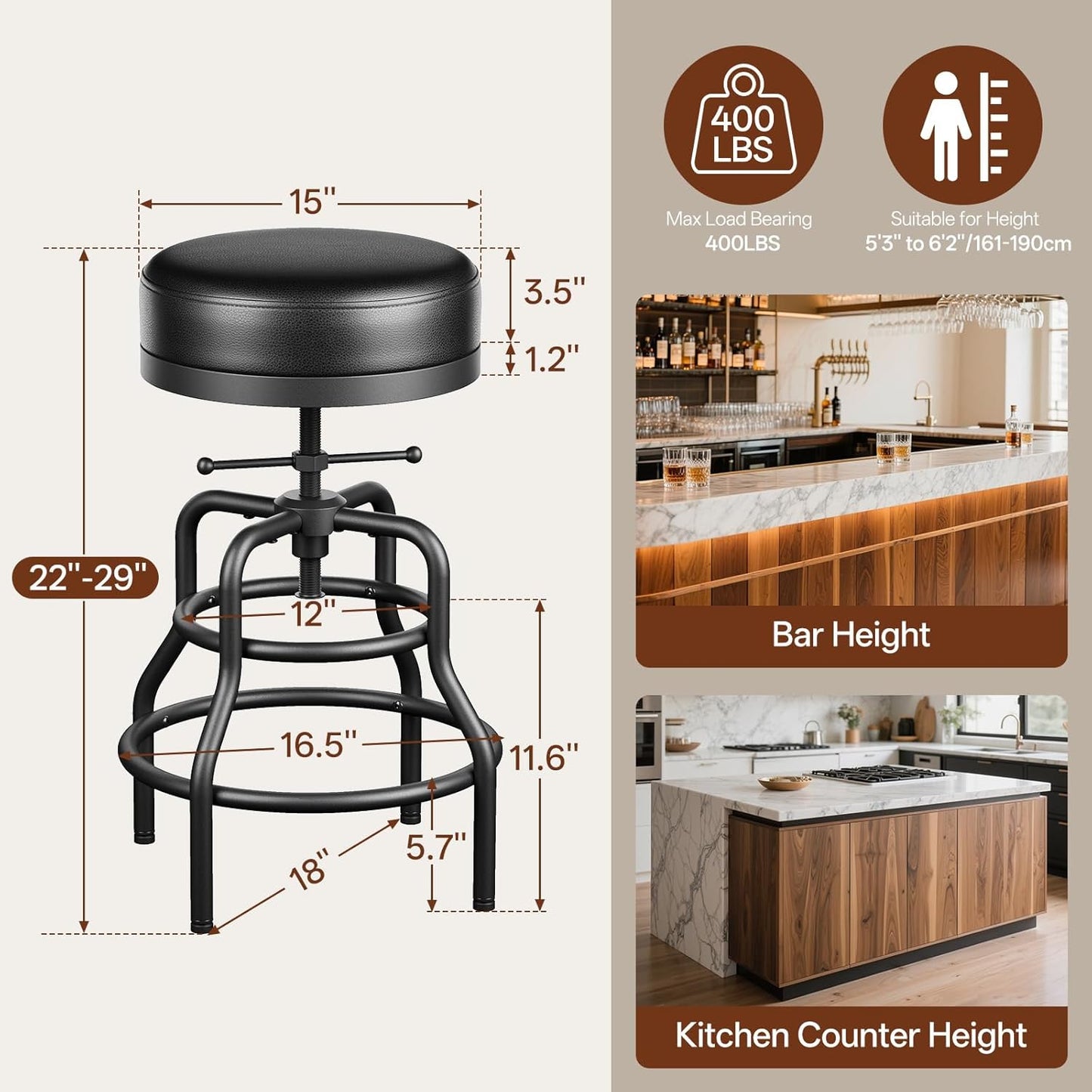 Adjustable Height Swivel Bar Stools Set of 3, 22-29 Inch Industrial Vintage Bar Counter Height Stools with Thicken Premium Bonded Leather Seats & Updated Footrests, Easy Assembly, Black