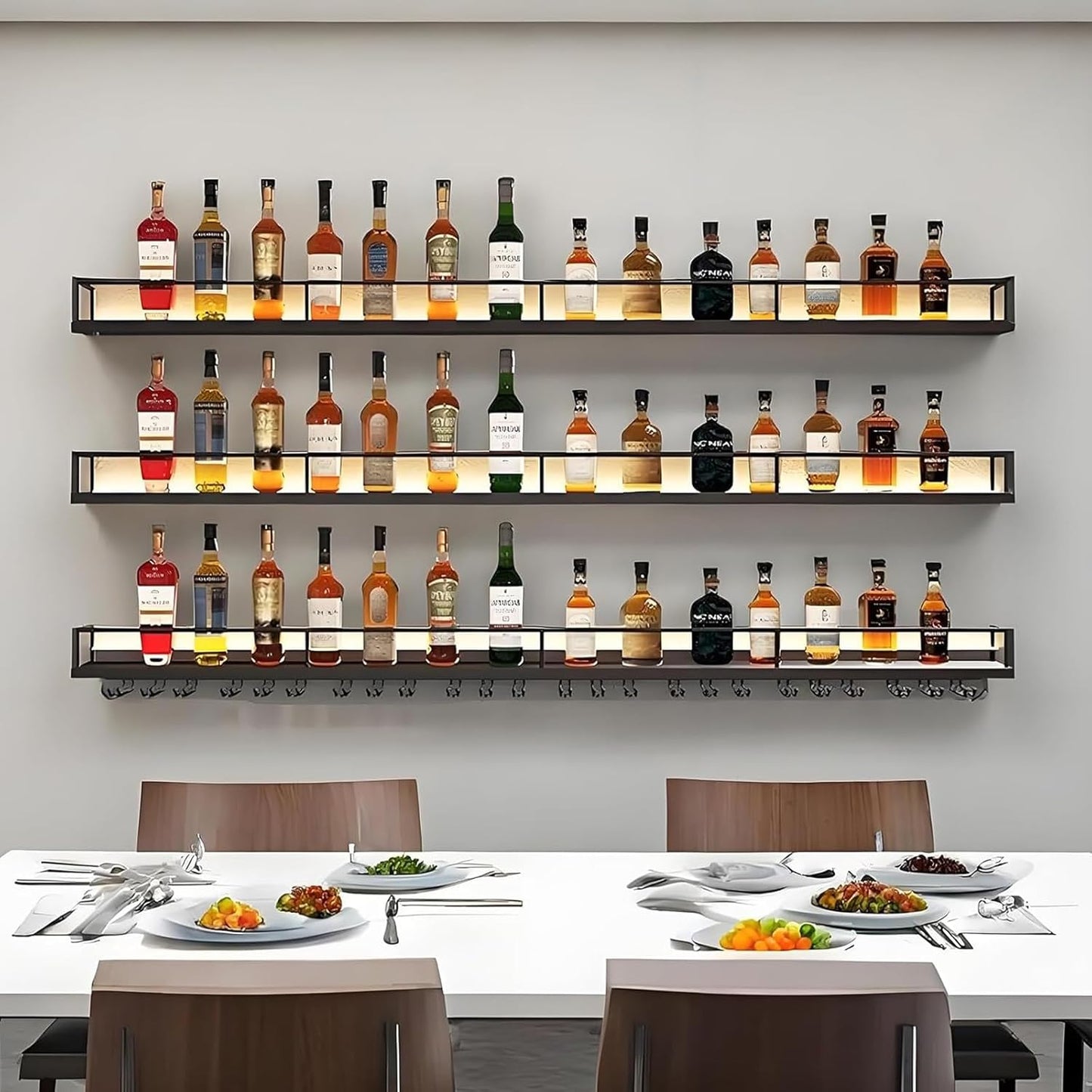 55in Wall-Mounted Metal Wine Rack with LED Lights 3-Tier Floating Bar Shelves with Wine Glass Rack Large Wine Bottle Display Rack Hanging Shelf, for Home Bar Dining Room Decorative (black, 140cm/55in)