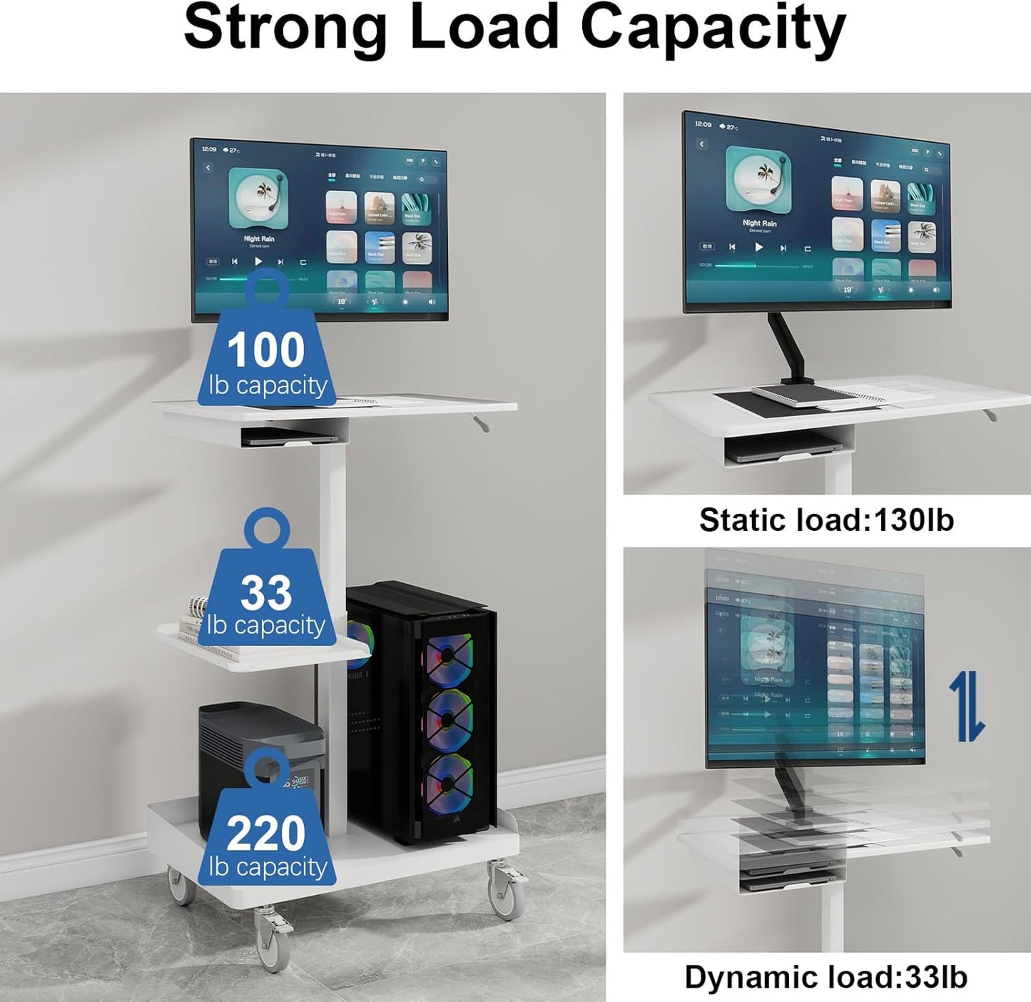 Natwind Mobile Workstation Cart with Monitor Mount,Height Adjustable Rolling Computer Cart, Heavy-Duty Rolling Standing Desk with CPU Holder for Home Office, School,Warehouse, Medical, Workshop