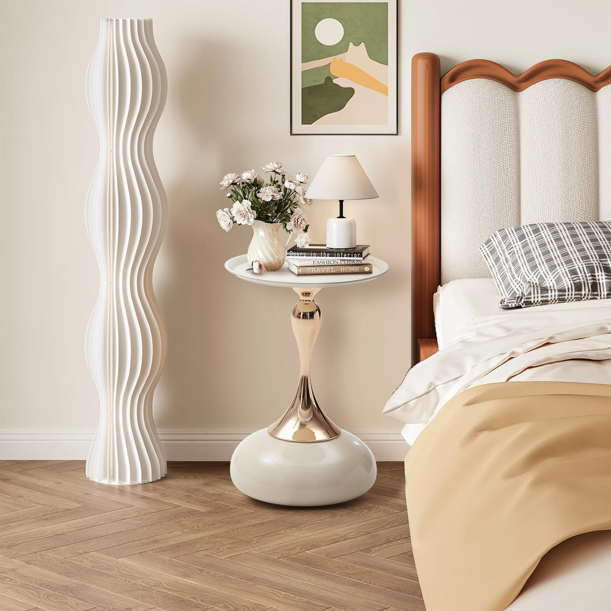 White Pedestal Side Table for Small Spaces, Metal Round Unique End Tables Living Room Modern Corner Accent Table, Martini Table Small Drink Table for Couch, Sofa, Recliner