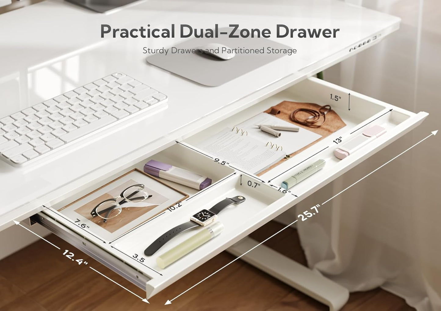 INNOVAR Wireless Charging Standing Desk with Drawers, Adjustable Height Electric Desk, 48 inch, Super White