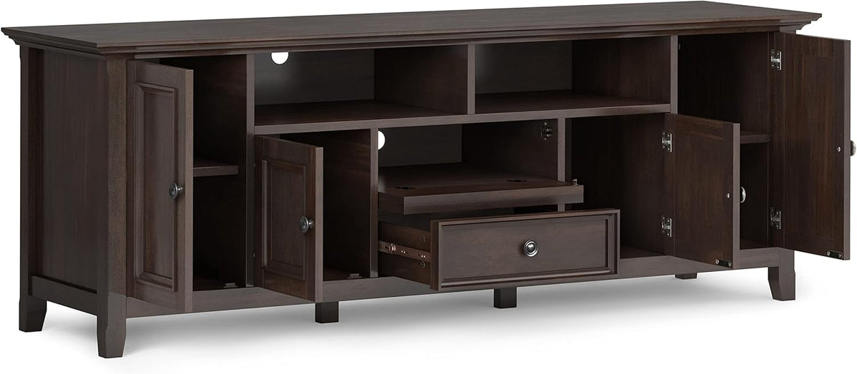 SIMPLIHOME Amherst 72-inch Wide Solid Wood TV Stand in Brunette Brown, Transitional-Style Media Console for Living Room with Cable Management and Adjustable Shelves, Fits 80" TVs