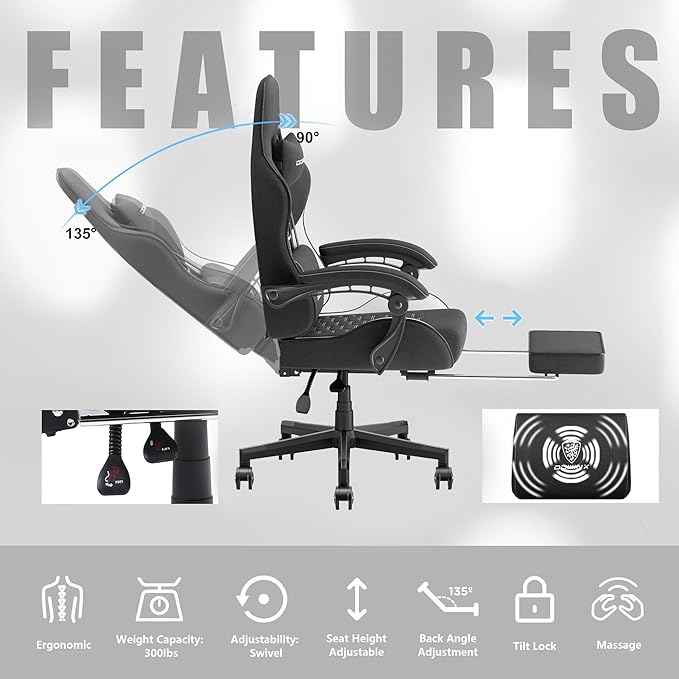 Dowinx Gaming Chair with Pocket Spring Cushion, Computer Office Game Chair, Linkage Armrests and Footrest, High Back Ergonomic Computer Chair with Lumbar Support Task Chair with Footrest(Black White)