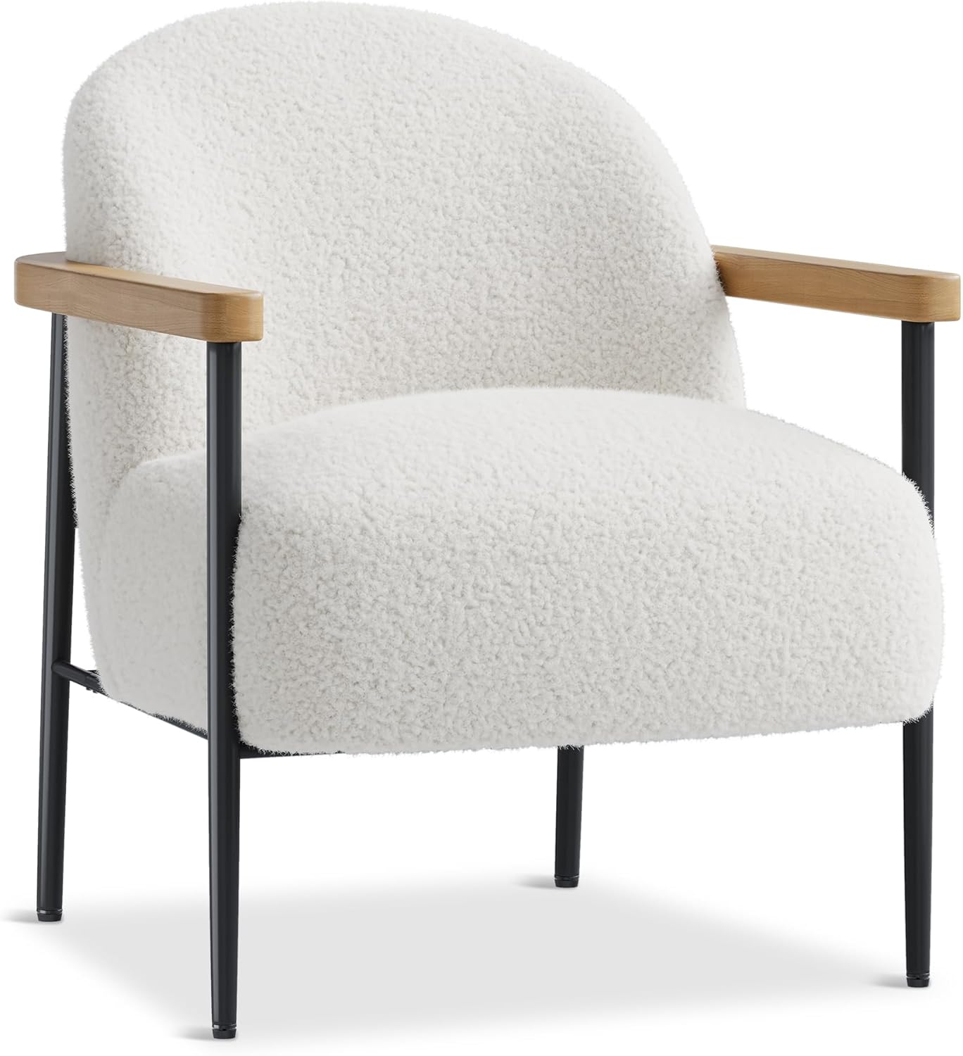 Garvee Modern Accent Chair, White Comfy Chair with Teddy Fabric, Wood Arms, Metal Frame & Adjustable Feet, Mid Century Modern Chair for Living Room,Bedroom, Office