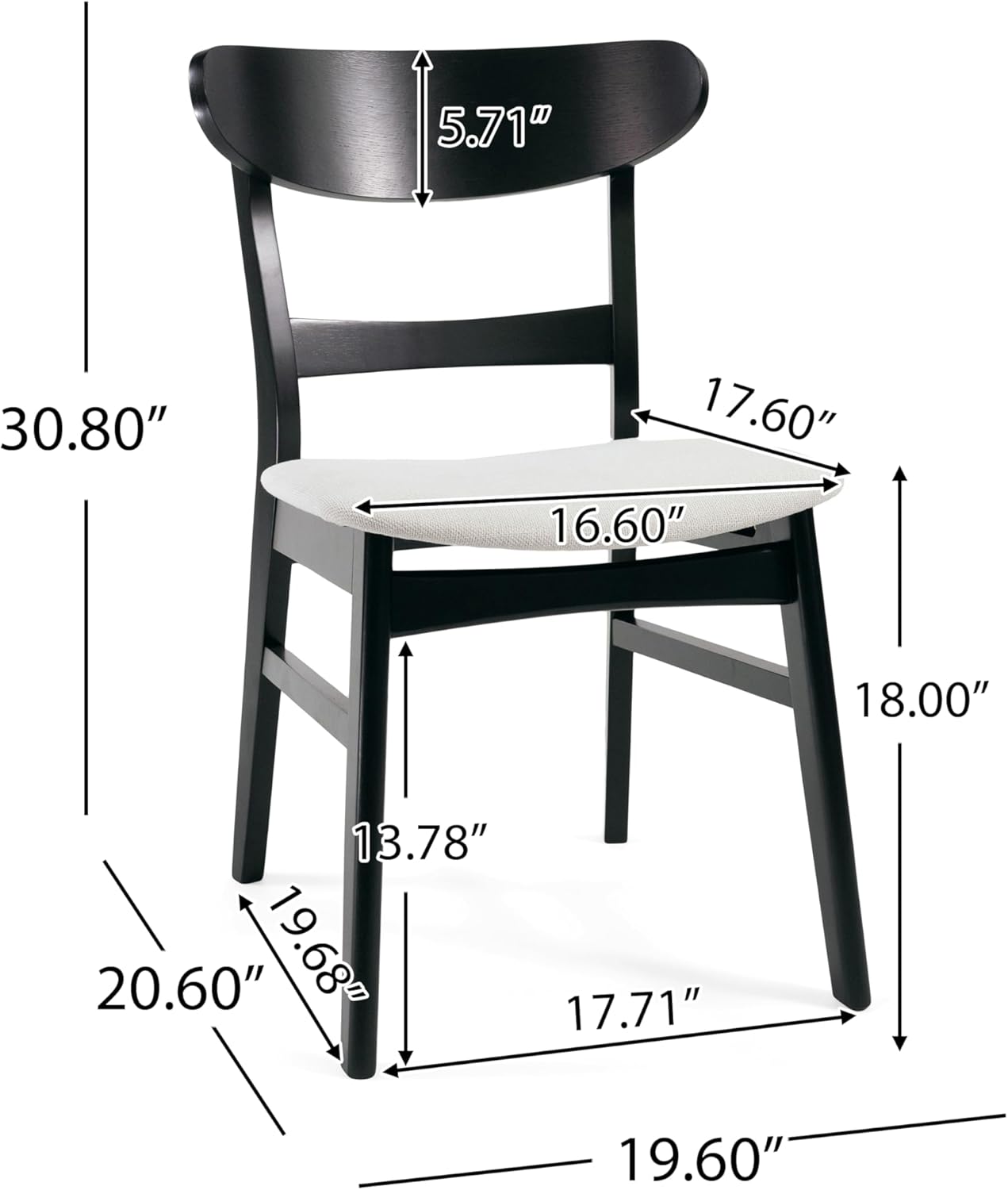 Set of 2 Solid Wood Dining Chairs, Fabric Upholstered Seat Mid-Century Modern Kitchen Furniture for Living Room, Light Beige+Black
